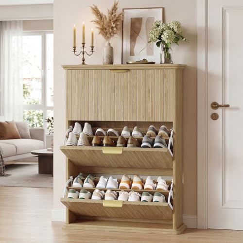 Natural Wood Hidden Shoe Storage Cabinet,Narrow Shoe Rack Cabinet with 3 Flip Drawers,Freestanding Shoe Organizer for Entryway - color: Oak, size: 43.3Inch
