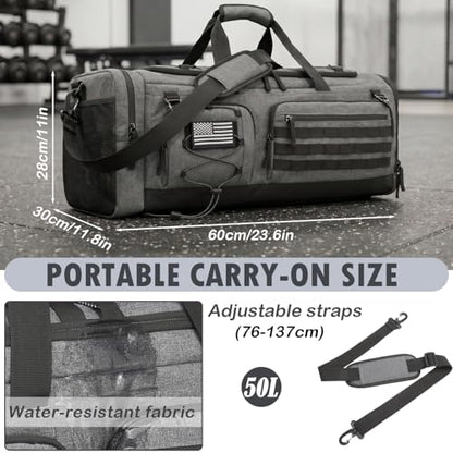 50L Tactical Gym Bag for Men and Women with Shoe & Laptop Compartment | Extra Large Duffle Bag, 3-in-1 Travel Sports Duffel Bags MOLLE Weekender Overnight Bag for Gym, Travel, Black + Gray - color: Black + Gray
