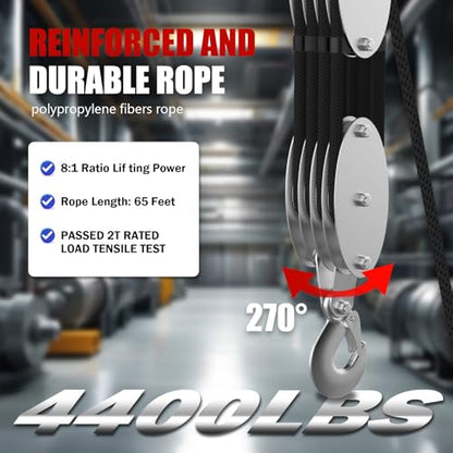 YATOINTO Rope Hoist Pulley System with Metal Bearing Rope Guide, 4400LB Pulley Block and Tackle, 8:1 Ratio Lifting Power 65ft, Heavy Duty Pulley Block for Hunting Lifting Garage Warehouses Building - size: (Anti-tangle)4 Pulley