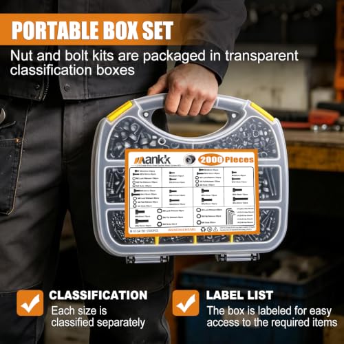 mankk 2000PCS Metric Screw Bolt Assortment Kit M2/M3/M4/M5/M6 Hex Socket Head Cap Bolts Nuts & Washers Set 12.9 Grade Alloy Steel Zinc Plated Metric Machine Screws - size: M2/M3/M4/M5/M6, style: Hex Socket Cap