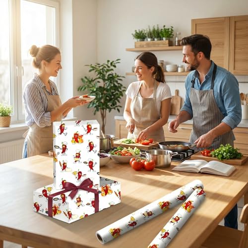 Liobelon Chili Cook Off Wrapping Paper Roll – 17" x 16.5 Ft Funny Chili Pepper Gift Wrap with Cartoon Chili Characters Cooking, Angry & Frying Egg for Taco Party, Western Theme, Birthday, Fiesta Party - color: Chili Cook Off