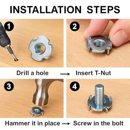 30PCS 1/4"-20 T-Nuts (5/16" Barrel) – Zinc-Plated Steel 4-Prong Tee Nuts for Wood, Cabinetry, Rock Climbing Holds – Indoor/Outdoor Rust-Resistant Threaded Inserts