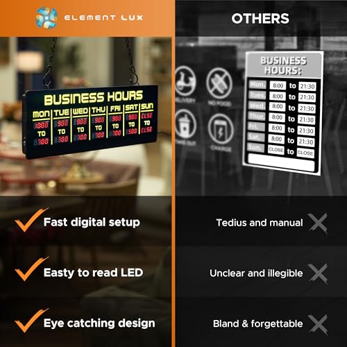 Digital Business Hours Sign by ELEMENT LUX - Electronic Programmable Hours of Operation Signs for Business with Ultra Bright LEDs for Glass Door - Remote and Hanging Kit - 16in x 5.5in, Yellow - color: Yellow and Red