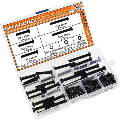 HELIFOUNER 85 Pieces M6 x 30mm /35mm /40mm /45mm /50mm, Button Head Socket Cap Metric Screws Bolts Washers Nuts Kit, 10.9 Grade Alloy Steel, Fully Threaded, Black - size: M6 x 30/35/40/45/50mm, style: Button Head