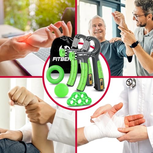 FitBeast Hand Grip Strengthener Workout Kit (5 Pack), 2 Forearm Grip Adjustable Resistance Hand Gripper, Finger Stretcher, Grip Ring & Stress Relief Grip Ball for Athletes - color: Light Green
