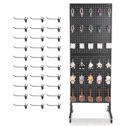 VEVOR Standing Pegboard Display, 23.6 x 63 in Pegboard Display Stand with Swivel Casters and 30 Hooks, Thickened Cold-Rolled Steel Peg Board Panel for Grocery, Retail Store and Jewelry Shop, Black - style: Standard Style