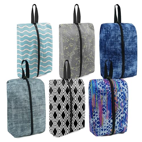 BeeGreen Shoe Bags 6 Pack Geometry Design for Travel with Handle as Packing Organizers for Suitcase and Luggage | Portable Nylon Storage Accessories for Vacations, Essential Gifts for Women and Men - color: Light gray, light blue, dark gray, purple, blac
