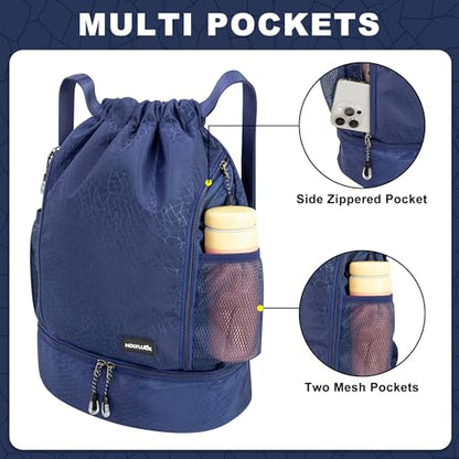 HOLYLUCK Drawstring Backpack with Shoe Compartment, Gym Bag Backpack for Men Women, Cinch Swim Beach Bag String Sports Bag for Soccer and Basketball, Blue - color: Blue
