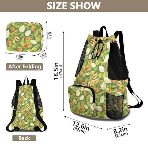 Yuiboo Cute Green Leafs Nuts Drawstring Gym Bags Climbing Gym Bag with Inside Pockets Cinch Back Sack Waterproof