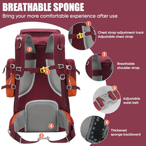 Bseash 70L (65+5) Waterproof Hiking Camping Backpack with Rain Cover, Outdoor Sport Travel Daypack for Climbing Touring (Red) - color: Red