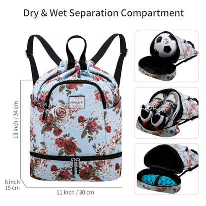 Dry Wet Drawstring Backpack with Shoe Compartment for Women Adjustable Gym Bag - color: Rose With Silver Silk
