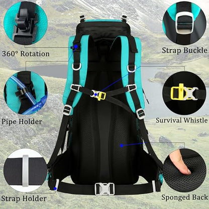 60L Travel Hiking Camping Backpack with Rain Cover, Backpack Water Resistant,Climbing Backpack for Men Women - color: Lake Blue