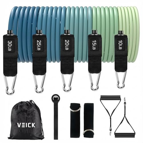 VEICK Resistance Bands with Handles, Ankle Straps, Door Anchor | Accredited Lab Certified, 100% Natural Latex, Cushioned Handles, Versatile for Yoga, Pilates, Strength, Home Gym - color: Blue 100LBS