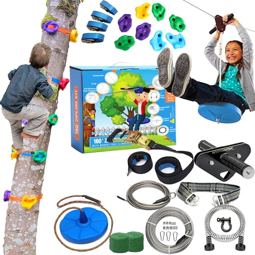 Zip Line Kit for Kids and Adults, 100/120/150/200 ft, Up to 350 Lbs, Removable Trolley, Rustproof Stainless Steel, Quick Setup with Ratchet, Safety Harness, Backyard Adventure Fun W/Climbing Holds - size: 160' Zipline Kit