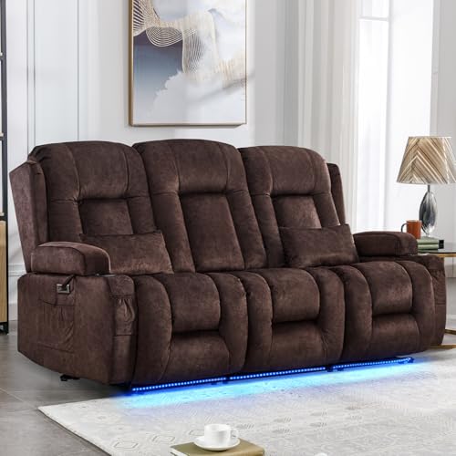 IPKIG Power Recliner Sofa with Flip-Up Backrest Console, USB & USB-C Ports, AC Outlet, LED Lights, Wall Hugger Recliners for Living Room, RV (Chocolate, 76.8" - 3 Seat) - color: Chocolate, size: 76.8" - 3 Seat