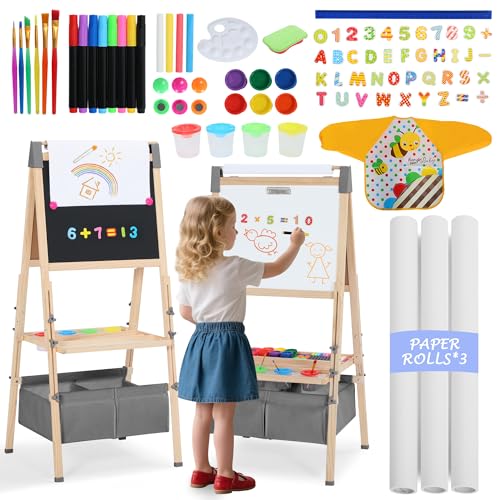 Kinder King Adjustable Wooden Kids Art Easel, Paper Roller, Storage (Grey) | Double-Sided Magnetic Whiteboard & Chalkboard, Art Supplies, Indoor & Outdoor, Painting & Drawing, 3 Years+, Gift - color: Grey