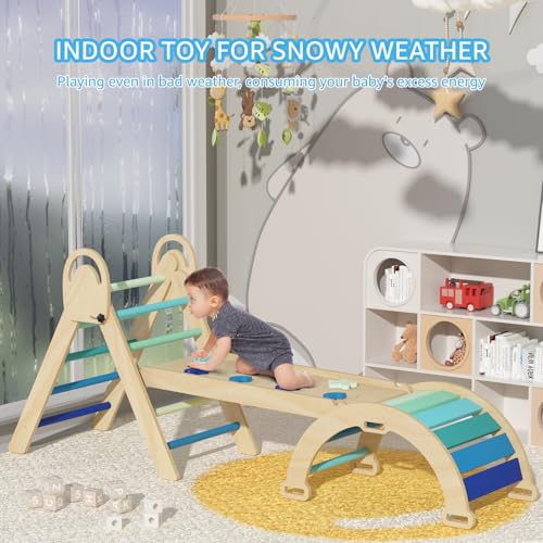 Pikler Triangle Set, Montessori Climbing Set, Baby Climbing Playset Toys Indoor, Jungle Gyms for Toddlers Ages 1-4, Toddler Climbing Playground (Blue-Nature) - color: Nature-blue