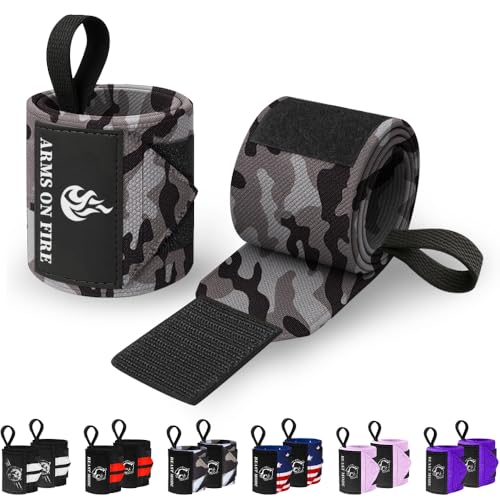 TECEUM Weightlifting 18" & 12" Wrist Wraps with Thumb Loop – Heavy Duty Wrist Workout Braces for Men and Women – Ideal for Powerlifting, Strength Training, Bodybuilding - color: Black Camo, style: 12" – Arms on Fire