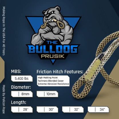 Bulldog 8mm & 10mm - USA Made Friction Hitch 100% Technora, 5400 MBS, Prusik by Pelican Rope - Arborist Rope, Tree Gear, Accessory Cord (32, 10mm Diameter) - size: 10 mm x 813 mm