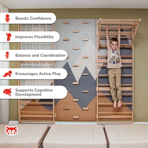 Wood And Hearts Modular Swedish Wall Gym Set for Kids Indoor Active Play – Wooden Swedish Ladder with Adjustable Pull-Up Bar, Rope Climbing Wall & Rock Climbing Panels (Base Set) - style: Base Set