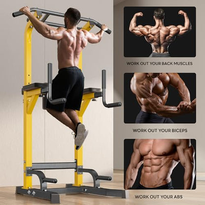 SogesPower Power Tower Pull Up Bar Station Multi-Function Dip Station | Adjustable Height Pull Up Dip Station Dip Bar Strength Training Fitness Equipment,Up to 500LBS - color: Yellow