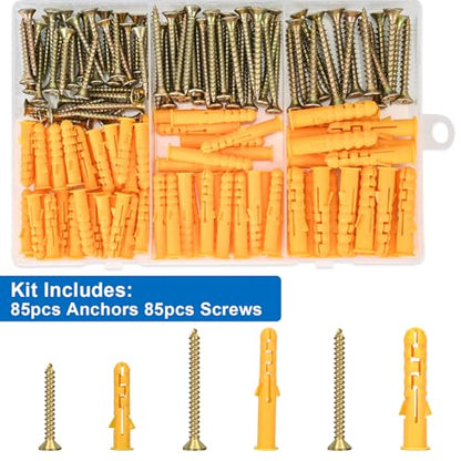 Aovchei Drywall Anchors Kit, 170pcs, 85 Plastic Drywall Anchors and 85 Philips Flat Head Screws, 3 Size #6 * 30#6 * 40#8 * 40, Wall Hanging Kit for Hanging Picture Frame, Shelf Brackets, Curtain Rod - size: #6*30 #6*40 #8*40