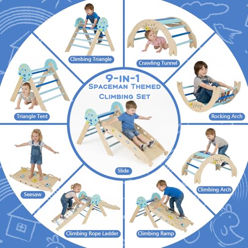 HONEY JOY Pikler Triangle Set, 9 in 1 Foldable Wooden Triangle Climber w/Arch, Ramp, Climbing Rope & Ladder, Baby Indoor Playground Jungle Gym, Montessori Climbing Toy for Toddlers (Blue) - color: Blue