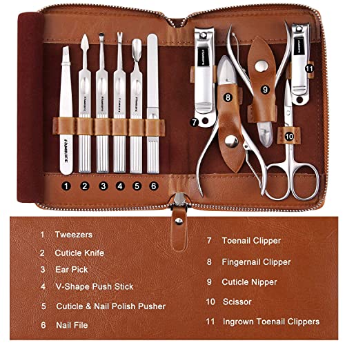 FAMILIFE Manicure Set, 11 in 1 Professional Manicure Kit Nail Clippers Set, Stainless Steel Pedicure Tools Toe Nail Kit, Men Grooming Tool with Portable Brown Leather Travel Case Gifts for Men Women - color: Brown