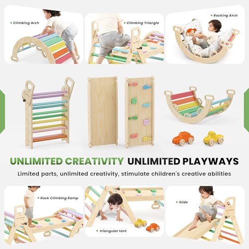 BlueWood Pikler Triangle Set with Cushion, Wooden Climbing Toys for Toddler | Foldable 9-in-1 Montessori Philosophy Toddler Climbing Toys Indoor with Reversible Ramp, Arch and Ladder - Rainbow - color: Rainbow