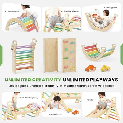 BlueWood Pikler Triangle Set with Cushion, Wooden Climbing Toys for Toddler | Foldable 9-in-1 Montessori Philosophy Toddler Climbing Toys Indoor with Reversible Ramp, Arch and Ladder - Rainbow - color: Rainbow