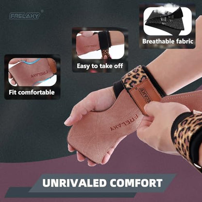 Frelaxy Lifting Wrist Straps for Women and Men, Weight Lifting Grips | Double-layer leather, Cushioned wrist support, Durable construction, Storage pouch, Deadlifts, rows, lat pulldowns - color: Pink/Leopard
