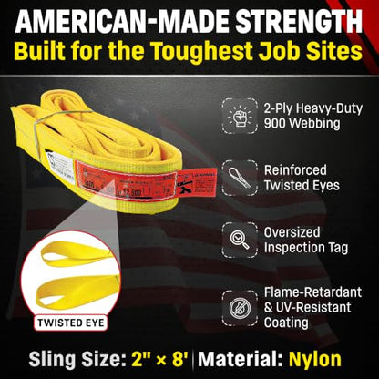 DD Sling (USA Made). 2" wide X (4' to 20' lengths) in Listing! 2 Ply Twisted Eye, Nylon Lifting Slings, Eye & Eye, Heavy Duty (900 webbing), 6,400 lbs Vertical, 5,100 Choker, 12,800 Basket Load Capacity (2inX8ft) - size: 2inX8ft