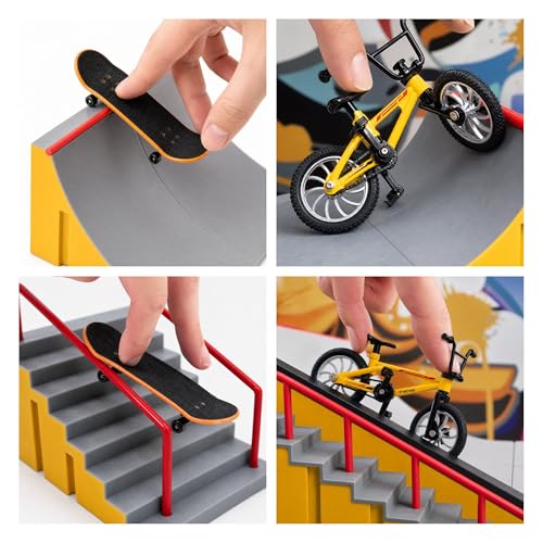 14-in-1 Fingerboard Skate Park Toy Set for Kids with 8 Skateboards and Bike | Modular fingerboard skatepark, Multiple layouts, Smooth-edge ABS ramps, Half pipe and rails, Fits most standard fingerboards - color: 14in1-yellow