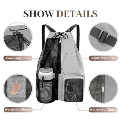 Beach Backpack with Wet Pocket Drawstring Mesh Beach Bag Waterproof Swimming Pool Backpack for Men and Women - color: Grey