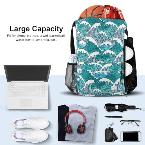 Drawstring Backpack with Mesh Pockets String Gym Bag Sackpack Sandproof Water Resistant Beach Backpack for Men Women - color: Blue Waves