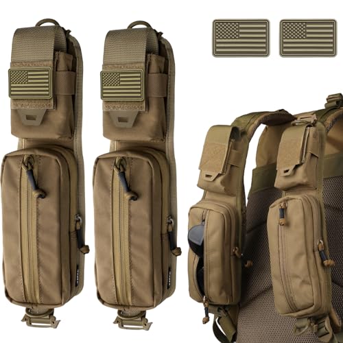 WYNEX Molle Accessories Pouch of Double Zipper Pocket Version, Backpack Strap Pouch Shoulder Strap Molle Attachment Tactical Accessories Bag Shoulder Starps Zipper Pocket Additional Phone Holder - color: Coyote Brown-2Pcs