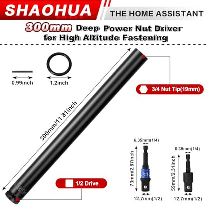 3/4"(19mm) Nut Driver 12", Deep Nut Runner Hollow Socket with 1/4" Hex Shank Adapter, 1/2" Drive 3/4 Socket for Ceiling Long Threaded Rod Bolts, Ductwork, 300mm for Overhead Fastening - size: C. 3/4(19mm) 12"