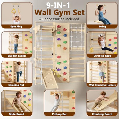 Cofiyard 9-in-1 Swedish Ladder Wall Gym & Climber, 94.5'' Wooden Wall-Mounted Climbing Set with Double-Sided Slide, Swing, Rope, Rings, Monkey Bars, Kids Indoor Playset, Wooden Climbing Jungle Gym