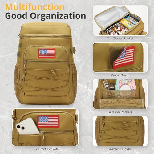 25L Insulated Cooler Backpack Water-Resistant Molle Cooler Bag for Camping | 25L Large Capacity Tactical Cooler Backpack Bag with Compartment Insulation Water-Resistant & Leakproof Durable & Comfortable - color: Brown