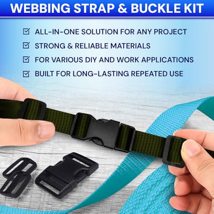 TECEUM 3/4" Nylon Strap Kit with Buckles, Khaki 6 yards Repair Set | Heavy duty hardware kit: 6yd webbing, 6 quick release buckles, 12 tri-glide slide clips, 6 metal D-rings for crafting. - color: Khaki, size: 3/4" - 6 yards, style: 6 Buckle - 12 Slides -