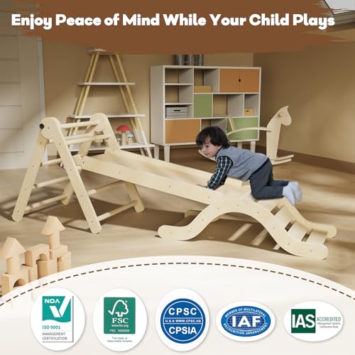 Pikler Triangle Set 7in1 Toddler Climbing Toys Indoor Foldable Baby Climbing Toys Wooden Montessori Climbing Set with Arch, Ramp, Ladder for 1-3 Years, Jungle Gym for Kids (Natural)
