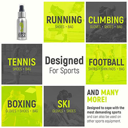 NATURAL SHOE FRESHENER & DEODORISER, Freshening Shoe Spray with 6 Powerful Essential Oils for Long-Term Odour Control, Designed for Sports, Fresh Lemon Scent.