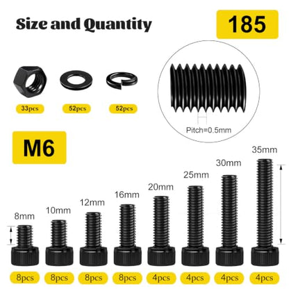 185PCS M6 Screws with Nuts Assortment Kit - M6x8/10/12/16/20/25/30/35 mm Hex Socket Head Cap Bolts with Nuts & Washers Assorted Set - 12.9 Alloy Steel Black Zinc Plated Anti-Rust Hardware Set - size: M6 185pcs