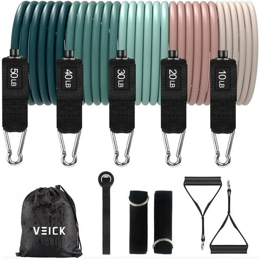 VEICK 10-150LBS Resistance Bands with Handles, Ankle Straps, Door Anchor | Accredited Lab Certified, 100% Natural Latex, Versatile for Yoga, Pilates, Strength, Home Gym - color: Macaron, style: 10-150LBS