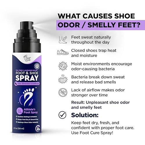 Foot Cure Shoe Deodorizer Spray - Tea Tree | Lavender Shoe Deodorizer for Smelly Feet, Athletes Foot Spray Odor Eliminator and Sweat Control | Removes, Controls & Prevents Odors - 120ml Made in USA