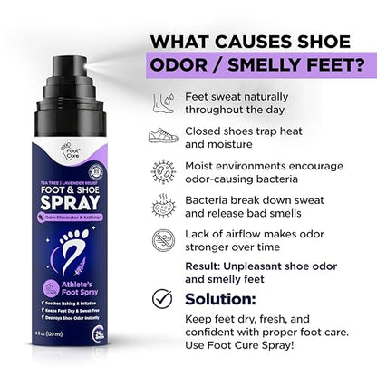 Foot Cure Shoe Deodorizer Spray - Tea Tree | Lavender Shoe Deodorizer for Smelly Feet, Athletes Foot Spray Odor Eliminator and Sweat Control | Removes, Controls & Prevents Odors - 120ml Made in USA