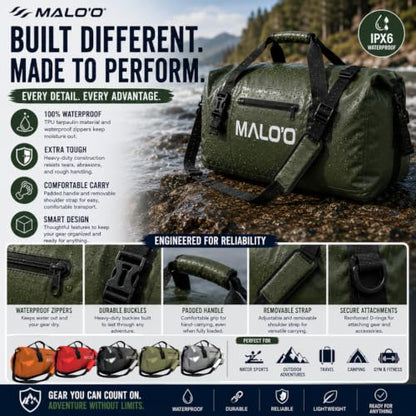 Malo’o Waterproof Dry Duffel, Heavy-Duty Roll Top Waterproof Gear Bag with Shoulder Strap & Molle Loops, Marine Duffel for Kayaking, Boating, Camping, Beach & Travel, Dark Green, 40L - color: Dark Green, size: 40L