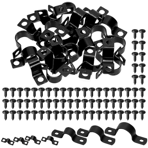 Tanstic 25Pcs Black Two Hole Pipe Strap, 1/2” Two Hole Strap U Bracket Rigid Pipe Strap Pipe Strap Clamp with Phillips Modified Truss Head Wood Screws for Fixing Pipe, Conduit, U Bracket - size: 1/2"