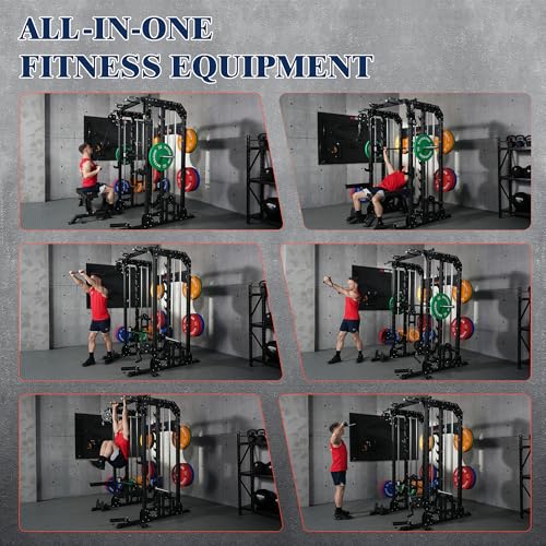 Smith Machine, 2600LBS Squat Rack, 7-in-1 Home Gym Cage with Adjustable Safety Bars, Pull-Up & LAT Pulldown - color: Black, size: P107 Smith Machine with Bench