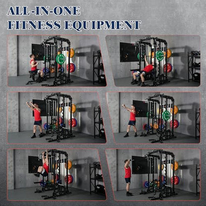 Smith Machine, 2600LBS Squat Rack, 7-in-1 Home Gym Cage with Adjustable Safety Bars, Pull-Up & LAT Pulldown - color: Black, size: P107 Smith Machine with Pulleys